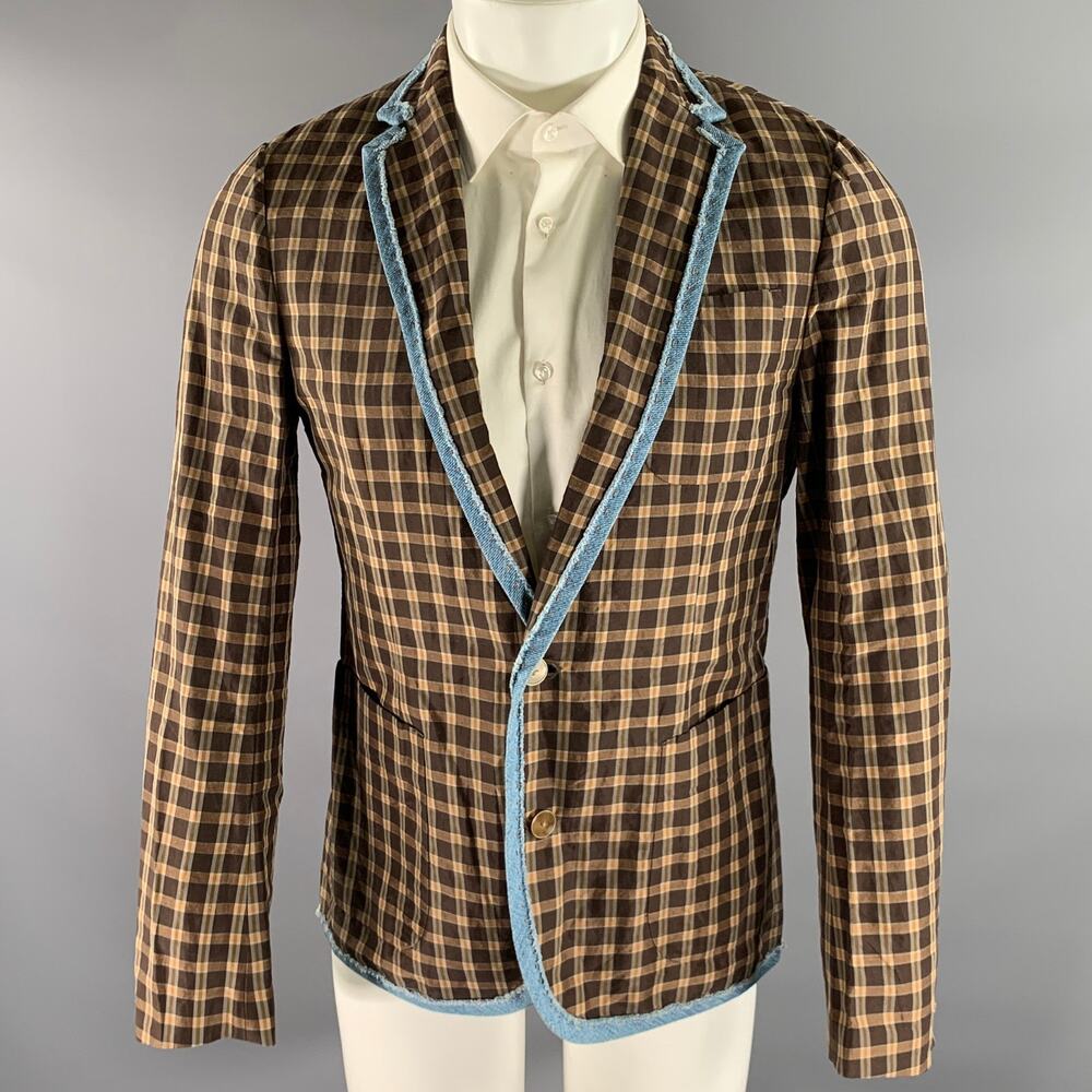 KOLOR Size 38 Brown Camel Plaid Ramie Nylon Notch Lapel Sport Coat